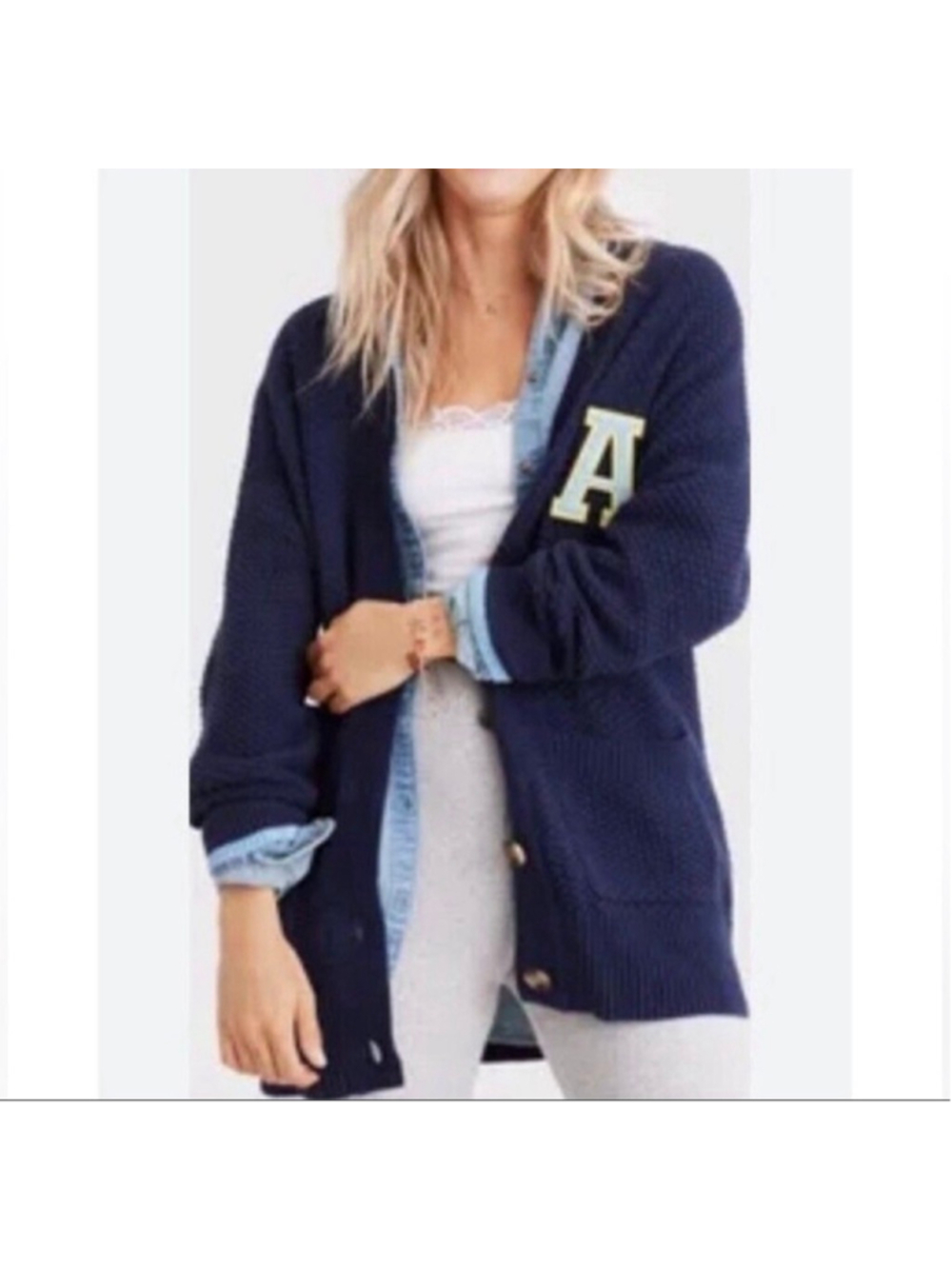 Aerie Navy Academic Waffle Knit Long Cardigan M Preppy Oversized Relaxed